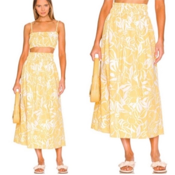 Faithfull The Brand Kiera El Marsa midi Skirt Top Set Yellow Floral size 2 xs - Picture 1 of 7
